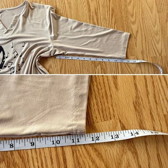 Treble Clef Music Note Top Size S Beige Graphic Shirt 3/4 Length Sleeve Tee - Picture 4 of 8